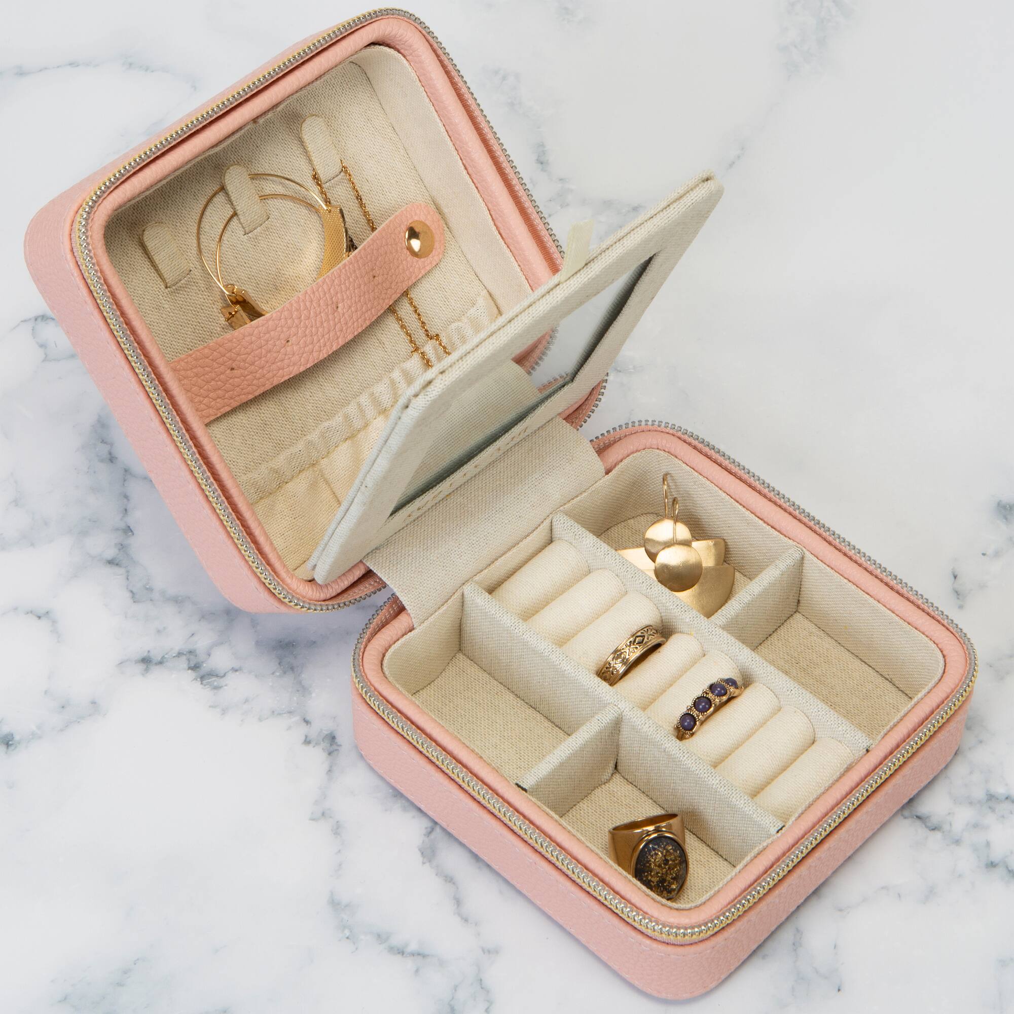 Ruby + Cash Blush Mini Faux Leather Zippered Travel Jewelry Organizer Box
